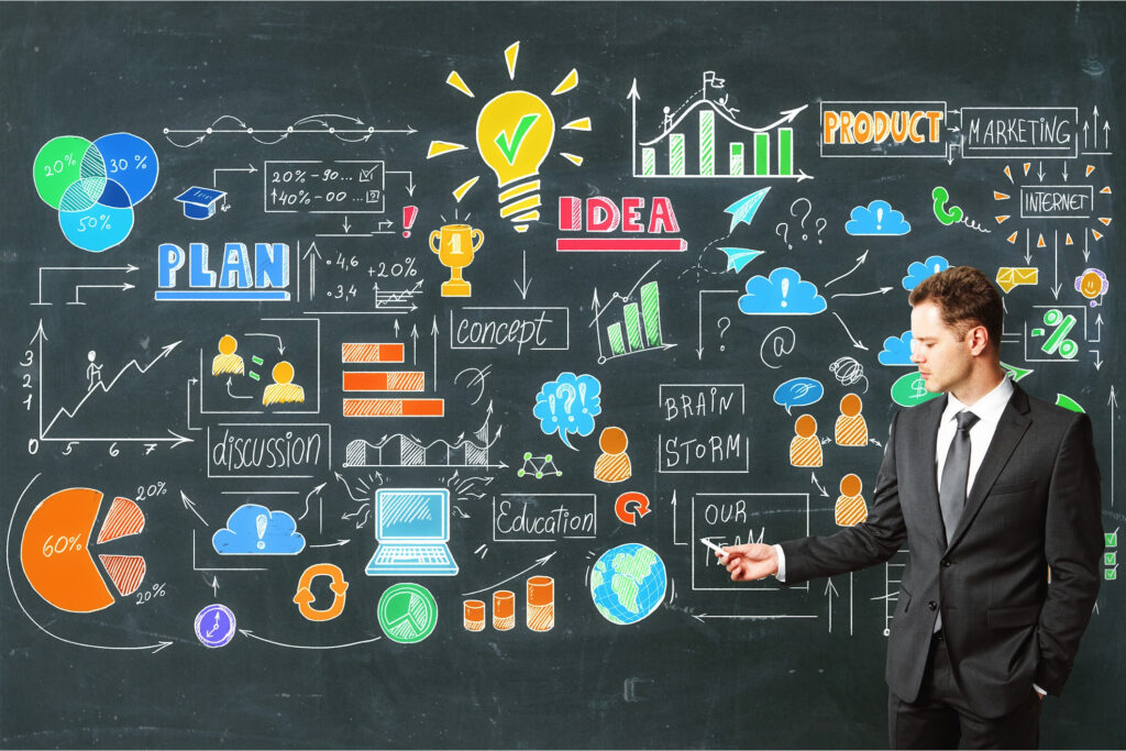 A black chalk board with colourful planning actions, brainstorm ideas, charts and graphs for business.