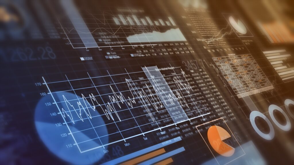 Image of computer screen showing bar charts, line drawings, pie charts and other data possibly for use in the finance sector