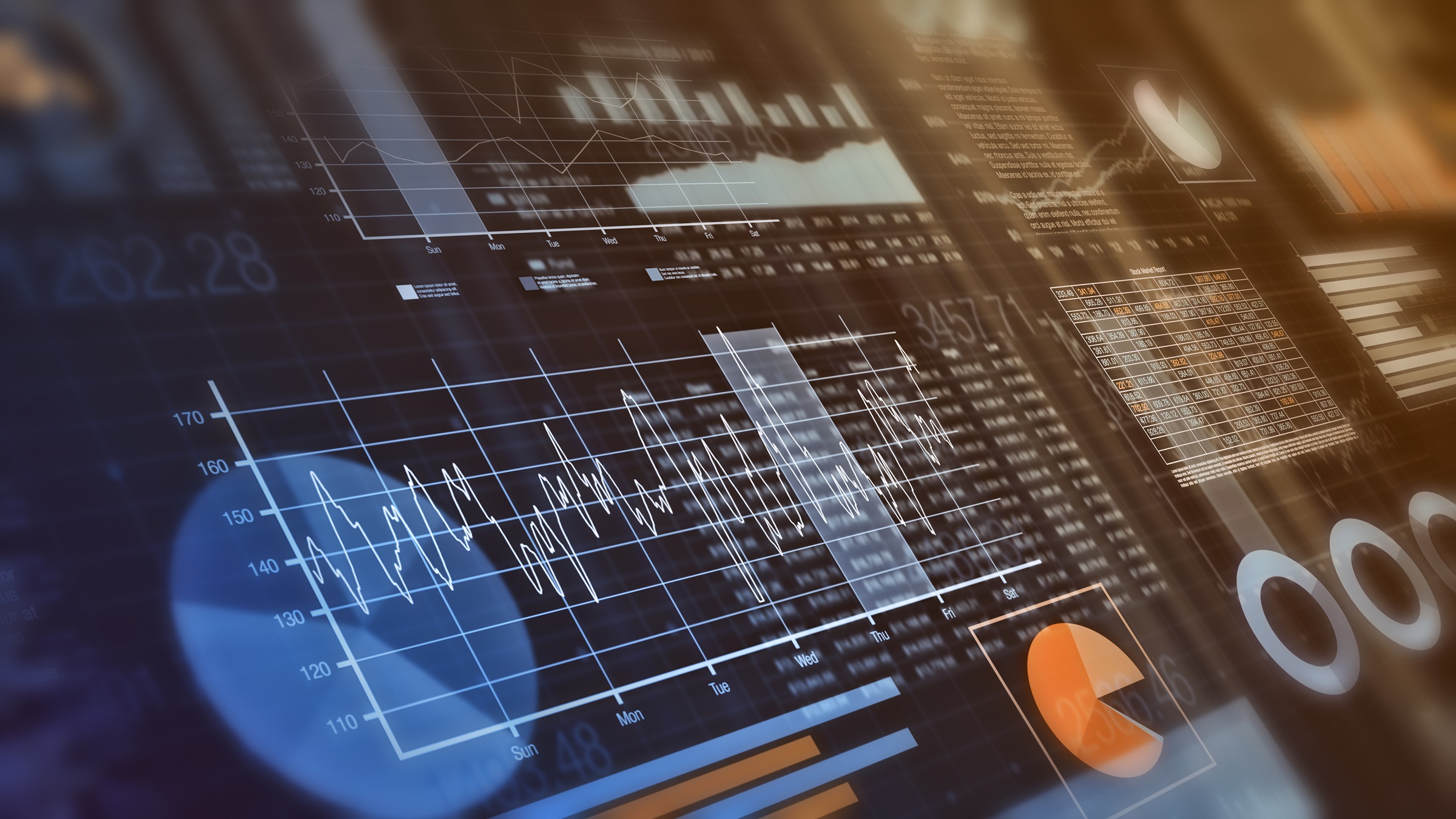 Image of computer screen showing bar charts, line drawings, pie charts and other data possibly for use in the finance sector