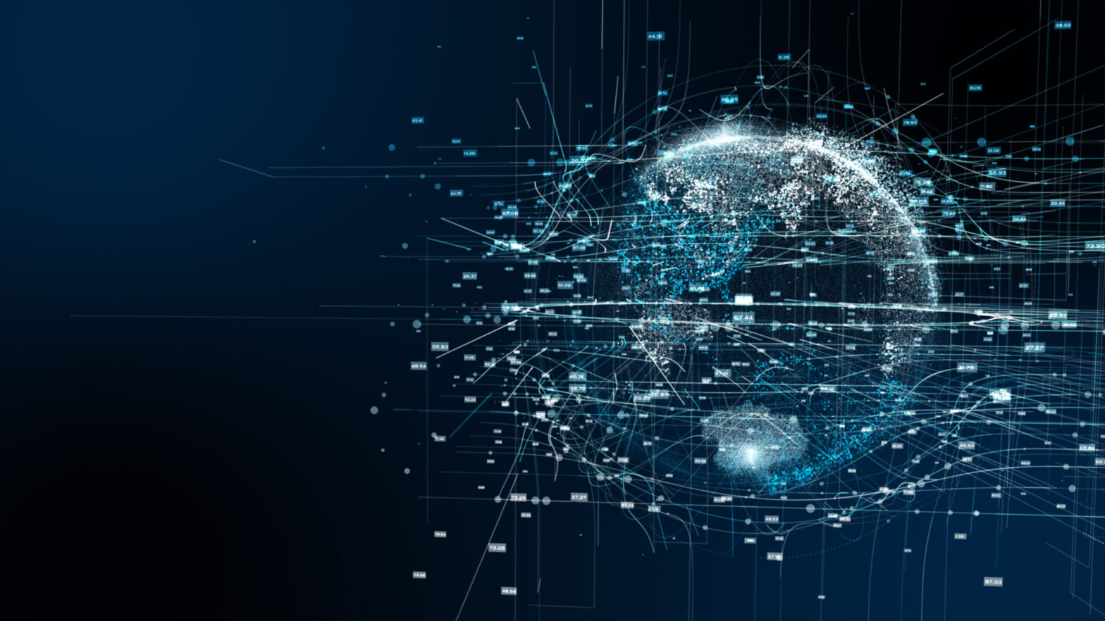Dark blue background with a light blue image of a partially formed globe that is made up of small light squares that represent electronic data