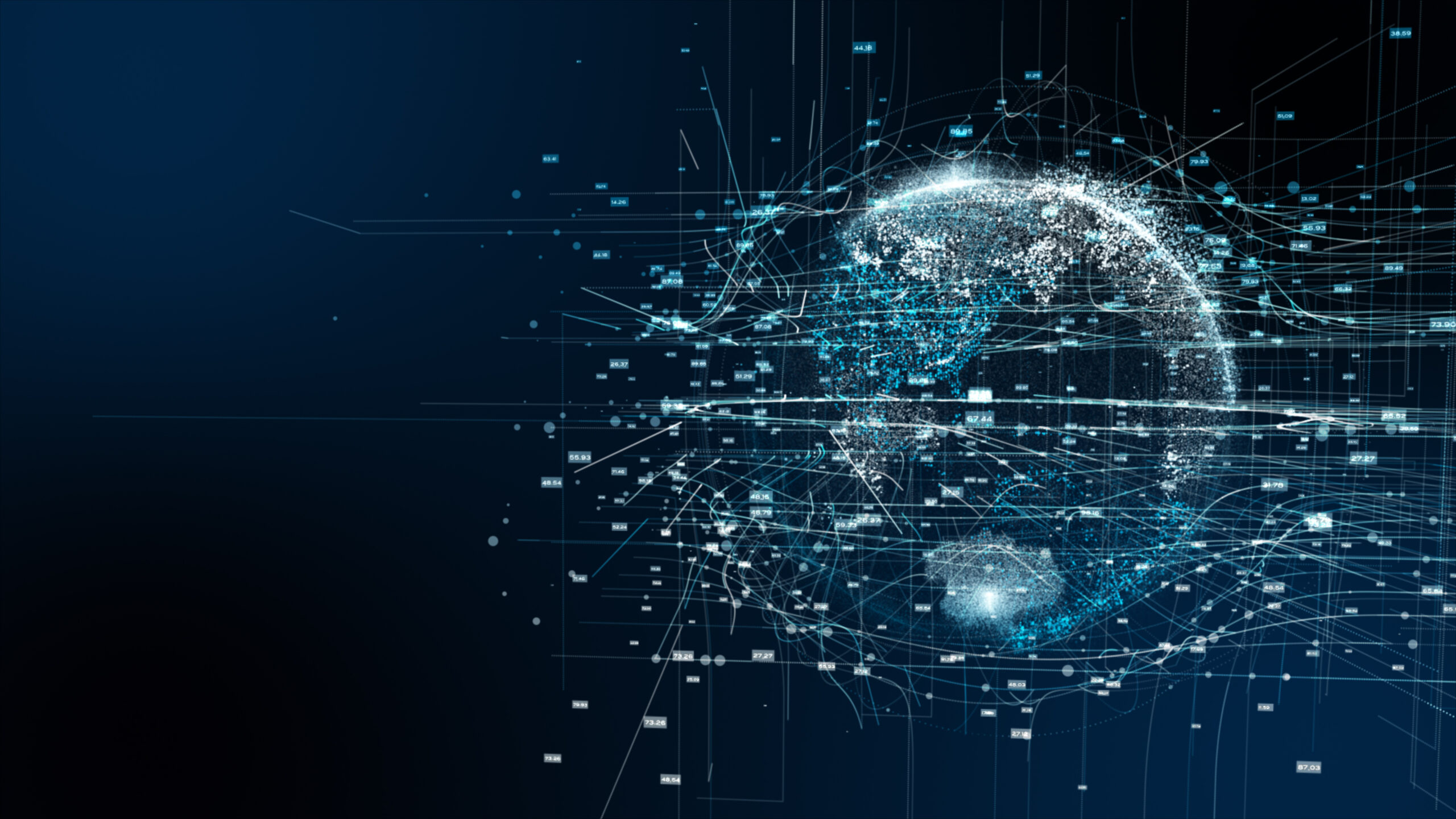 Dark blue background with a light blue image of a partially formed globe that is made up of small light squares that represent electronic data