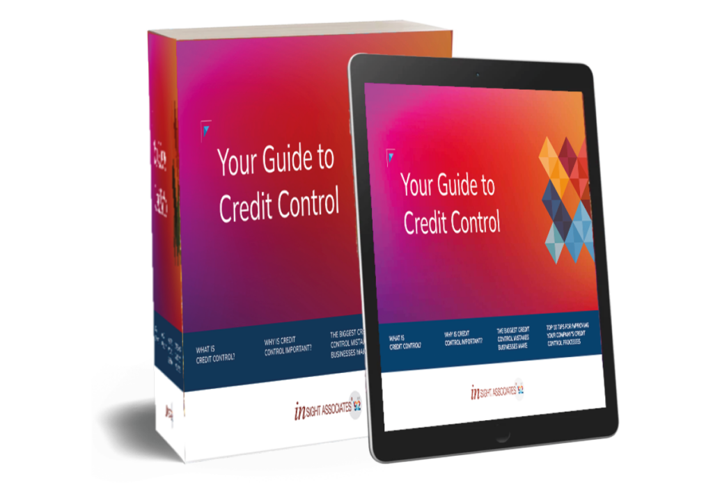 Computer generated image of an ipad and a book showing an image of a guide called "Your guide to credit control"