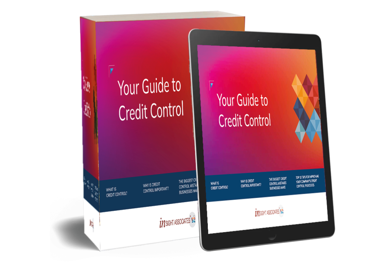 Computer generated image of an ipad and a book showing an image of a guide called "Your guide to credit control"