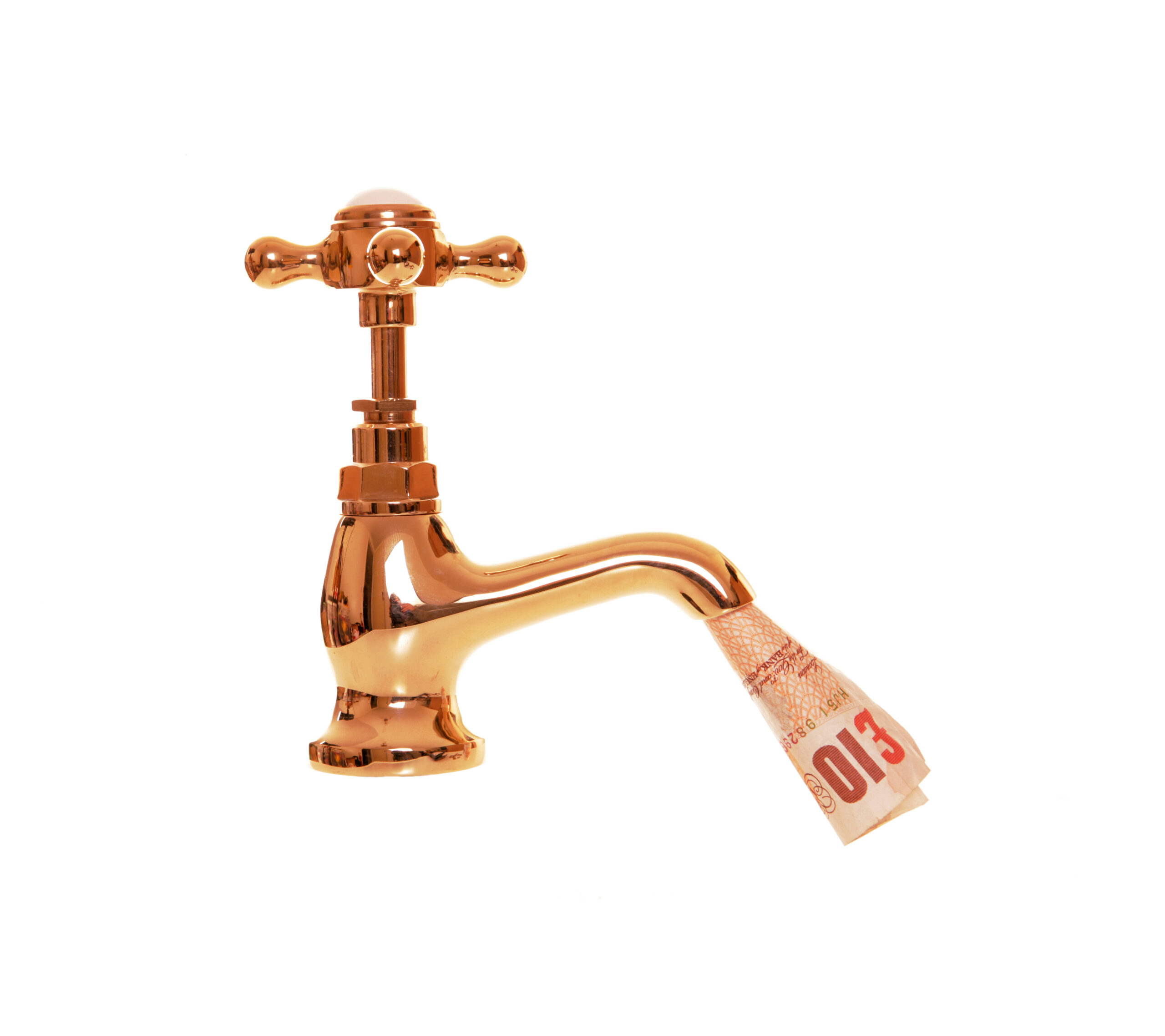 White background with a gold victorian style tap. A rolled up sterling ten pound note is pouring from the tap.